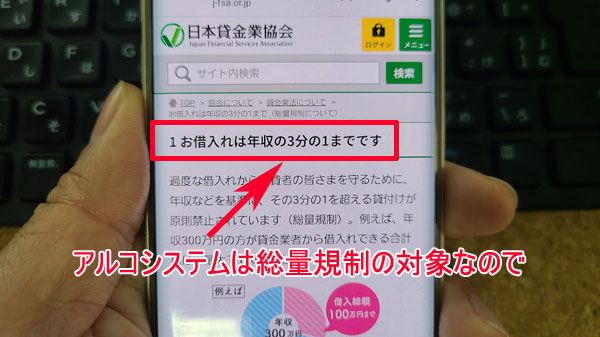 アルコシステムは総量規制の対象なので年収の3分の１以下の借入